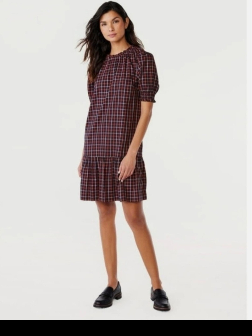 Free Assembly Plaid Short-Sleeve Ruffle-Hem Mini Dress in Burgundy